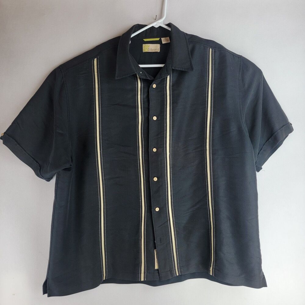 Cubavera Mens Size XXL Black Strip Button Down Rayon Poly Short Sleeve Shirt